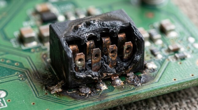 Macro Close-Up of a Severely Burned Electronic Connector on a Green Printed Circuit Board