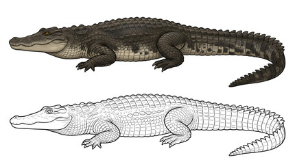 Fototapeta premium American Alligator Illustration: A detailed illustration showcasing the American alligator, depicted in both full color and line art, highlighting its scaly texture and powerful build.