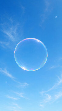 Minimal Summer Sky Background with One Large Iridescent Soap Bubble