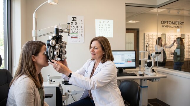 Optometrist examining female patient vision with phoropter in modern eye care clinic with eye chart.