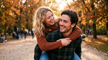 Fototapeta premium Playful Couple Sharing a Piggyback Moment in a Sunny Autumn Park at Sunset