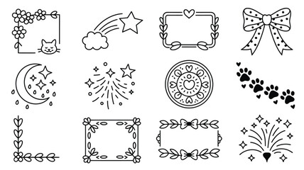 Cute decorative line icon set with floral frames stars shooting star moon bow ribbon paw prints and fireworks vector illustration © REBEKA