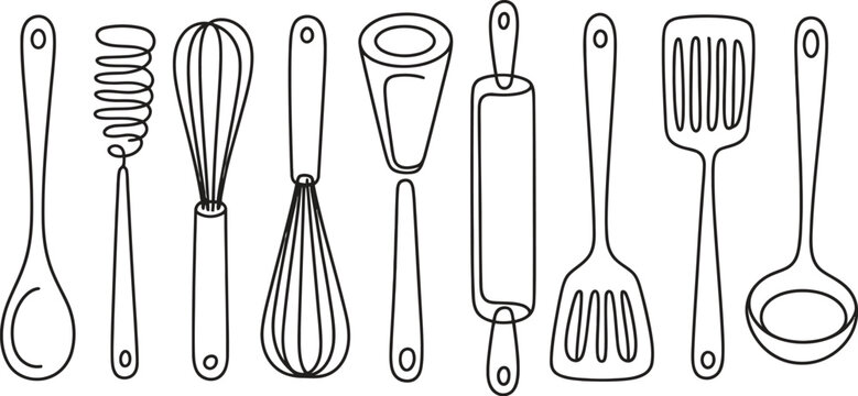 Continuous line drawing vector set of kitchen utensils including whisk rolling pin spoon spatula and ladle on white background