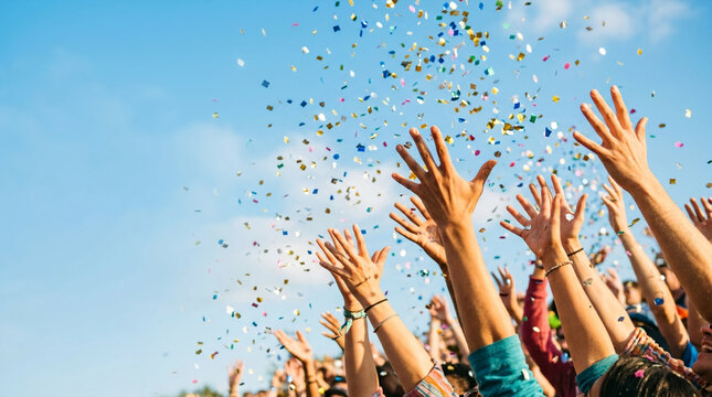 Crowd cheering with hands raised throwing confetti celebrating at outdoor event