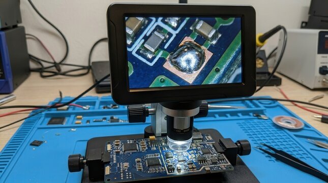 Digital Microscope Inspection of Printed Circuit Board Components for Precision Electronics Repair and Micro-Soldering Analysis on a Professional Workbench