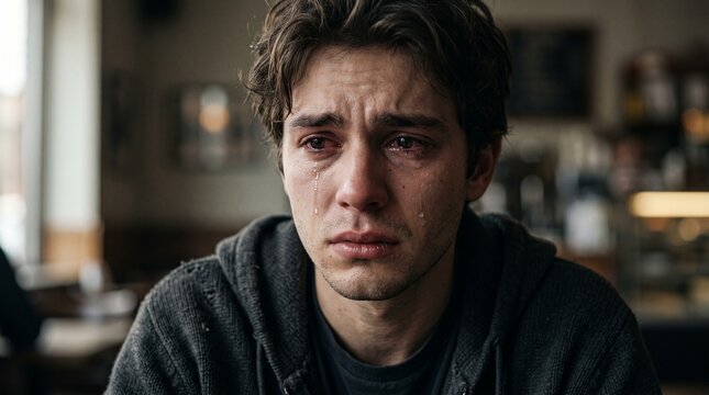 Portrait of a Heartbroken Young Man Shedding Tears in a Quiet Coffee Shop