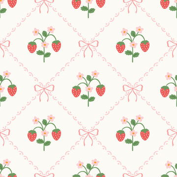 Coquette seamless pattern with strawberry and bows. Cute summer vintage pink background in floral doodles. Girly aesthetic trendy print. Vector illustration for textile, baby clothes, wallpaper