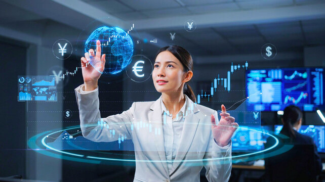 Professional Financial Analyst Interacting with Global Digital Data Visualization Interface in Modern High Tech Control Center