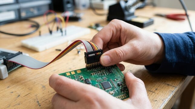Hands Connecting Ribbon Cables to a Printed Circuit Board in a Modern Electronics Development Laboratory Setting