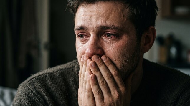 A Heartbroken Young Man Breaking Down Emotionally While Crying in a Quiet Home Interior
