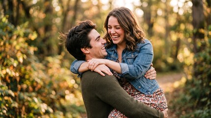 Fototapeta premium Man carrying woman laughing in a scenic forest during an autumn day photo