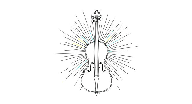 Minimalist line art illustration of a classical violin or cello instrument surrounded by thin decorative radiant lines.
