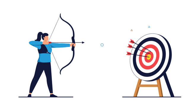 Determined female archer aims her bow and arrow at a target board, successfully hitting the center in a sports competition.