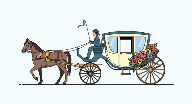 Vintage horse carriage with coachman and beautiful colorful flowers representing old transport, history, and romance.