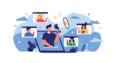 Fototapeta premium Speaker using megaphone in video conference call on laptop screen representing digital communication and webinar event.