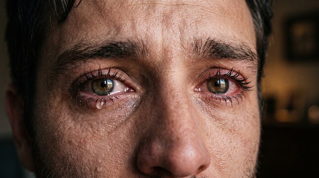 Close-up portrait of a man with tear-filled eyes expressing deep emotions
