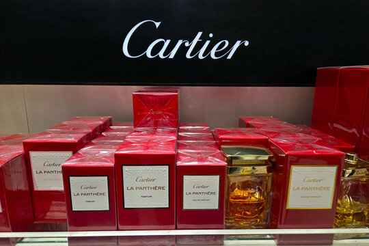 Basel, Switzerland, May 25, 2026: Luxury Fragrance Display Featuring Cartier La Panthere Perfume Bottles in Retail
