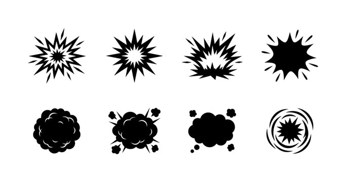Explosion and impact effect icon set containing diverse boom blast bang and cloud shapes for comic book art or dynamic graphic design action scenes isolated on white.