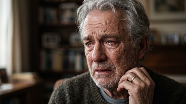 A portrait of an older man crying softly while sitting in a quiet home interior