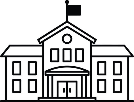 Black and white outline icon of a school building with a flagpole on the roof building education learning institution classroom facility