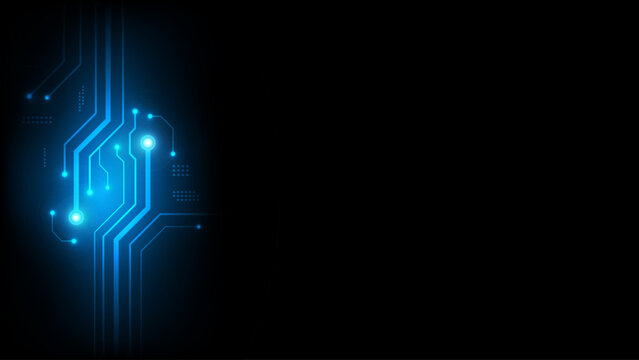 Abstract glowing blue digital circuit board vector background with copy space. Futuristic microchip line illustration for high-tech cyber security, network technology, and data logic concept
