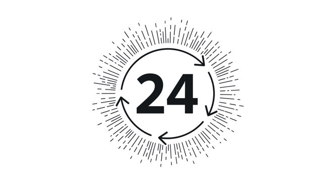 Twenty four hours icon with circular arrows and a classic retro sunburst representing around the clock service.