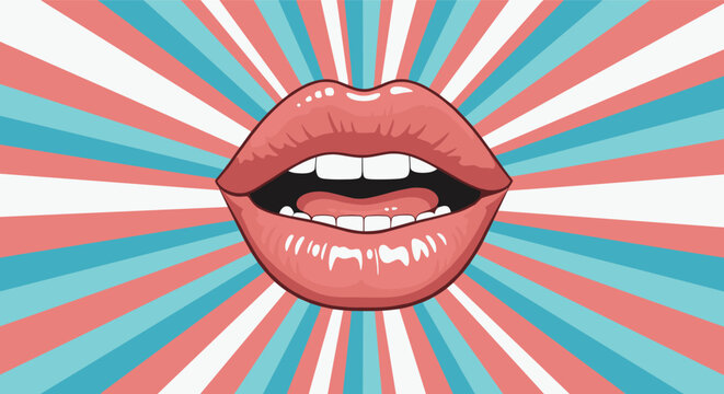 Open mouth with shiny red lips and white teeth set against a vibrant blue and pink retro sunburst background.