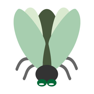 Green fly. Hand drawn vector flat. Animal. Flying insect. Bug, hexapod. Wings, legs. Pest. Color illustration.