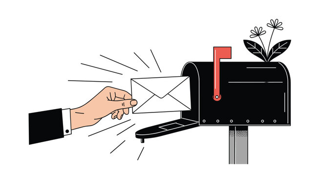 Business hand putting a white paper mail envelope inside a black traditional mailbox decorated with small flowers.