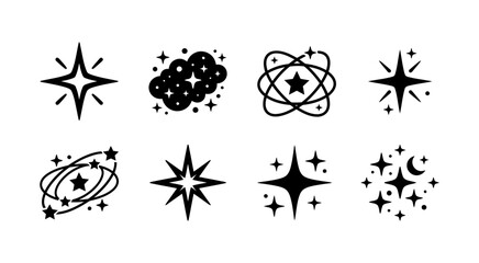 Set of sparkling star icons and celestial glitter symbols including glowing sparkles magic twinkles and cosmic starburst elements isolated on white background vector collection. © Fountain