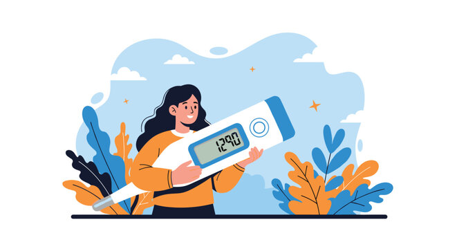 Happy smiling young woman holding a giant digital thermometer showing high normal temperature, vector illustration.