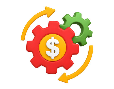 Vibrant red and green gears rotating around a central yellow dollar sign icon isolated against a clean white studio background