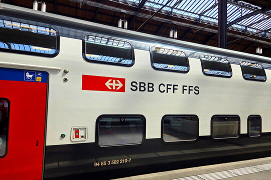 Basel, Switzerland, May 25, 2026: Swiss Double-Decker Train at Station: Modern European Rail Travel Design