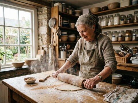 A senior woman rolls out pastry dough in a rustic cottage kitchen filled with soft window light and a floating cloud of cinnamon spice.