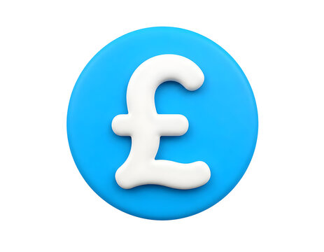 British pound sterling currency symbol rendered as a glossy white three dimensional icon isolated on a bright blue circular background