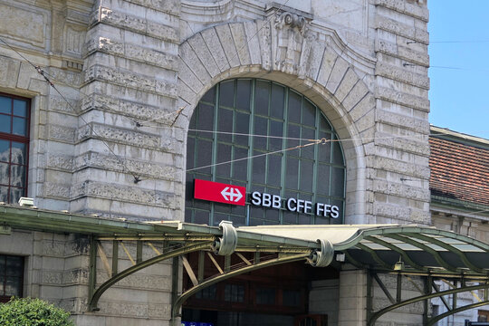 Basel, Switzerland, May 25, 2026: Historic Swiss Train Station Entrance with SBB CFF FFS Signage
