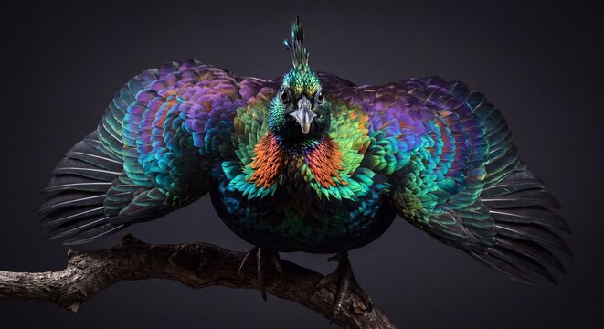 Himalayan Monal bird with wings spread on branch