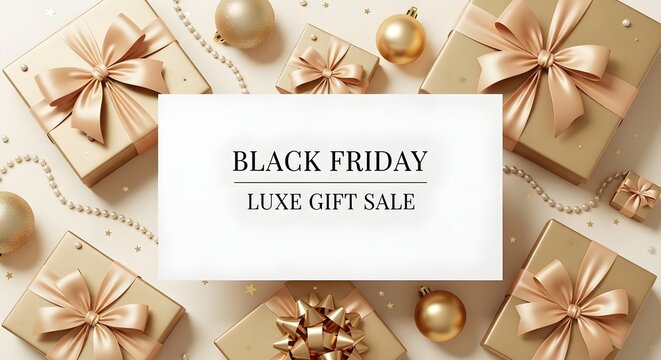 Black friday luxe gift sale banner with golden gift boxes, ribbons, and ornaments on a festive background