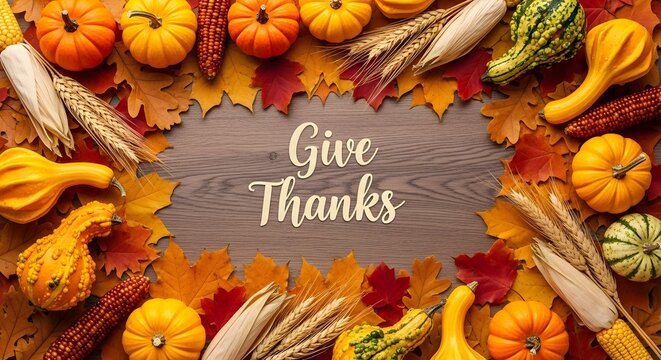 Thanksgiving background with pumpkins, gourds, corn and autumn leaves on wooden table