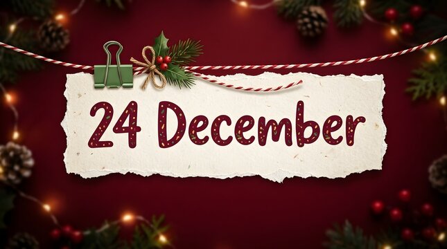 Christmas background with a paper note hanging on a string with holly berries and pine cones, 24 december text, festive holiday decoration on dark red background