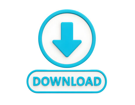 Download button symbol featuring a glossy cyan arrow icon rendered in three dimensions isolated against a clean white studio background