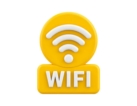 Bright yellow wifi symbol icon features rounded edges and white lettering rendered in a modern three dimensional glossy plastic style