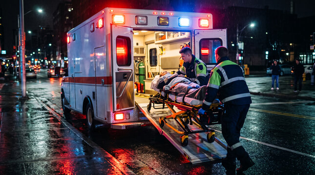 Paramedics transfer patient on stretcher into ambulance at night
