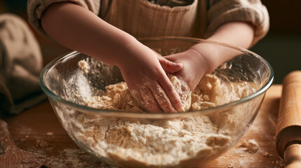 Fototapeta premium Close-Up of Child Mixing Dough in Bowl on Wooden Table, Baking at Home