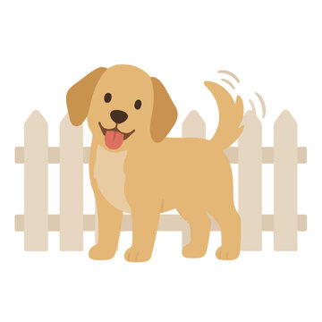 Happy cartoon puppy wagging tail beside wooden picket fence, flat color hand-drawn vector illustration of cheerful dog in yard