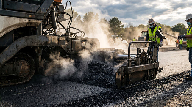 Paving crew using asphalt paver machine on road construction site