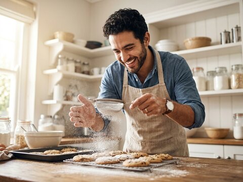 A young father prepares homemade cookies in a sunny breakfast nook, featuring a cinematic mist of powdered sugar and bright high-key lighting.