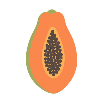 Hand-traced vector illustration of a halved papaya revealing glossy black seeds nestled in vibrant orange flesh, framed by a soft green peel outline. Tropical fruit clipart icon.