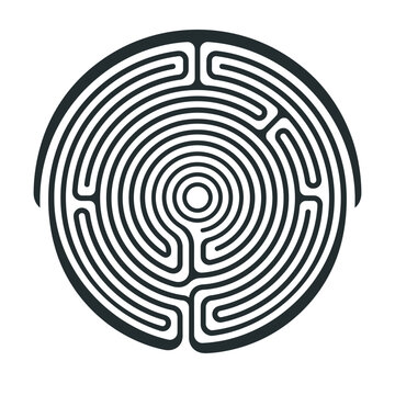 Round labyrinth maze graphic design on white background.