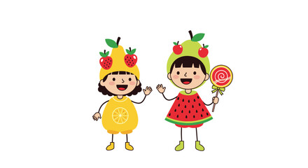 Fototapeta premium Two happy little girls stand side-by-side wearing colorful fruit-themed costumes including pear, strawberry, and watermelon designs.